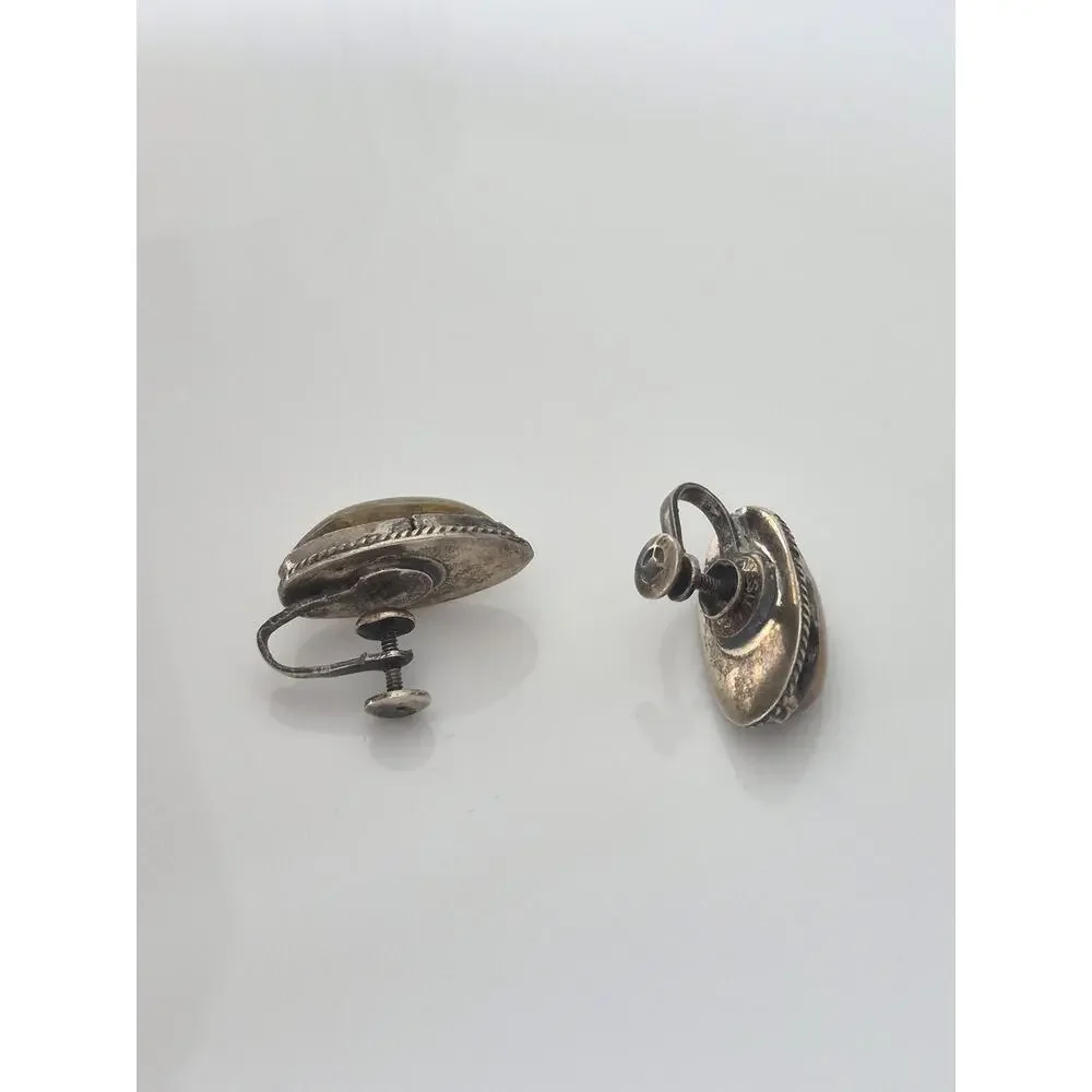 Vintage Sterling Silver Tiger Eye Oval Screw On Earrings